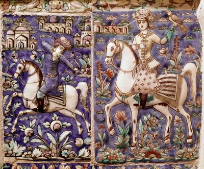 Arte islâmica: caça ao falcão. Cerâmica de Isfahan ou Isfahan no Irão de Islamic School