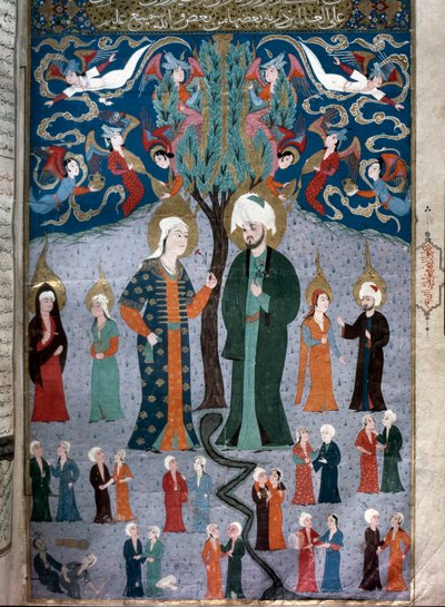 Representação islâmica de Adão e Eva Miniatura do manuscrito "Zubdat al Tawarikh" (Zubdat al Tawarikh) (Creme das Histórias) do historiador Seyyid Loqman Ashuri 1538. Museu de Arte Turco e Islâmico de Istambul de Islamic School