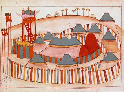 Campo Militar dos Turcos Gouache em papel da Escola Islâmica (Sra. 1671) Século XVI Museu de Veneza Correr de Islamic School