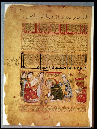 Ms. Arabe 2964 fol.17 O Doutor Anoromachus curando seu irmão mordido por uma serpente de O Tratado de Theriac depois de Galen, 1217 de Islamic School
