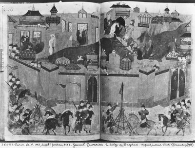 Suppl Persan 1113 f.180-181 Mongóis sob a liderança de Hulagu Khan tomando e capturando Bagdá em 1258, do &39;Jami al-Tawarikh&39; por Rashid al-Din, c.1310 de Islamic School