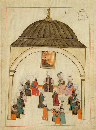 Ms. cicogna 1971, em miniatura da "Memorie Turchesche", representando o Salão Imperial no Palácio Topkapi, Constantinopla, c.1580 de Islamic School