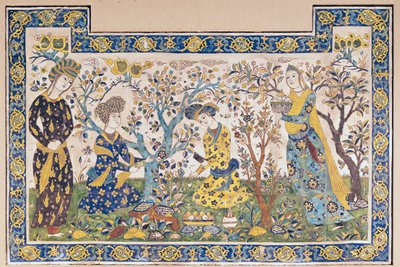 Mural de figuras relaxando em um jardim, do Tchehel Sutun ou Pavilhão de Quarenta Colunas construídas pelo Xá Abbas II (1642-1666), Persa, de Isfahan, Irã (azulejos) de Islamic School