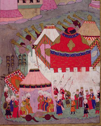 TSM H.1524 Cerco de Viena por Suleyman I (1494-1566) o Magnífico, em 1529, a partir do &39;Hunername&39; por Lokman, detalhe do acampamento otomano, 1588 de Islamic School