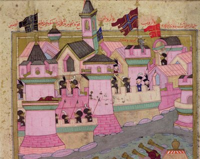 TSM H.1524 Cerco de Viena por Suleyman I (1494-1566) o Magnífico, em 1529, do &39;Hunername&39; por Lokman, detalhe de Viena, 1588 de Islamic School