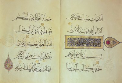 Duas páginas de um manuscrito do Alcorão, iluminado por Mohammad ebn Aibak com caligrafia de Ahmad ebn Sohrevardi, Período Il-Khanid, início do século XIV de Islamic School