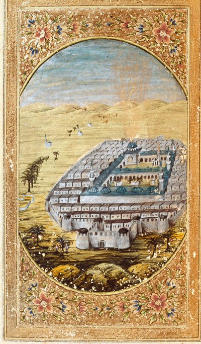 Vista de Meca (La Mekke), lugar de peregrinação muçulmana, e das planícies do Monte Arafat (Arafah), Arábia Saudita. Página retirada de uma edição do Alcorão de Islamic School