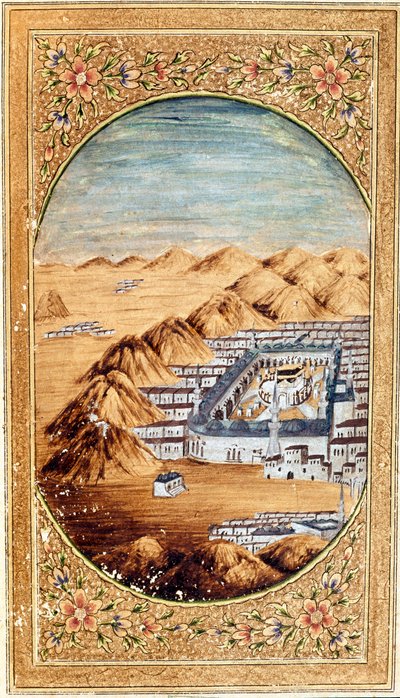 Vista de Meca (La Mekke), lugar de peregrinação muçulmana, e as planícies do Monte Arafat (Arafah), Arábia Saudita. Página retirada de uma edição do Alcorão de Islamic School