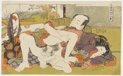 «Diante do Espelho», n.º 4 de «Doze Encontros no Caminho do Amor» (Shikidō torikumi jūniban) de Isoda Koryusai