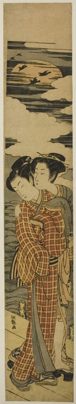 Casal de pé em um cais abraçando em uma noite de luar de Isoda Koryusai