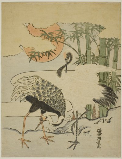 Guindastes e bambu de Isoda Koryusai