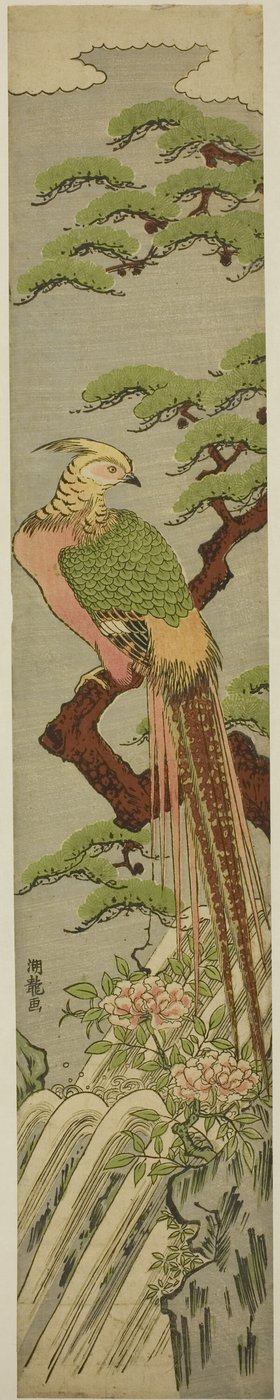 Faisão dourado em um pinheiro acima de peônias e cachoeira de Isoda Koryusai