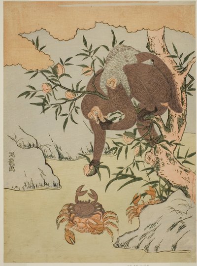 Macaco brincando com caranguejos de Isoda Koryusai
