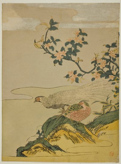 Faisões sob o ramo de flores de pêssego de Isoda Koryusai