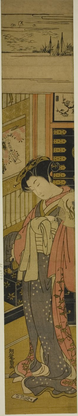 A cortesã Kaoru de Chojiya olhando para uma carta de amor no chão de Isoda Koryusai