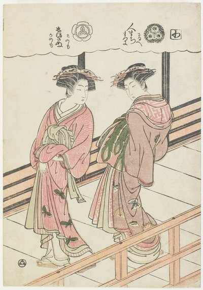 Duas cortesãs em uma varanda, 1777 (impressão do woodblock da cor) de Isoda Koryusai