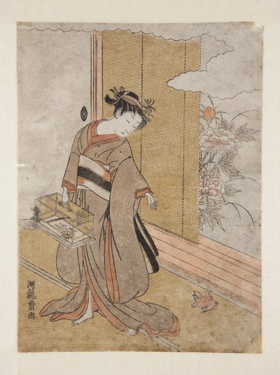 Mulher e Sparrow (impressão a cores de bloco de madeira) de Isoda Koryusai