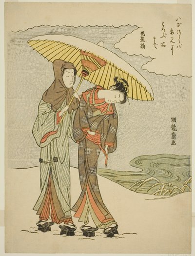 Jovem casal sob um guarda-chuva na neve de Isoda Koryusai