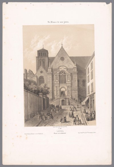 Vista da Catedral de Sainte-Trinité em Laval lava. Façade de la Cathédrale (título no objeto) França contemporânea (título da série) La France de nos jours (título da série no objeto) de Isodore Laurent Deroy