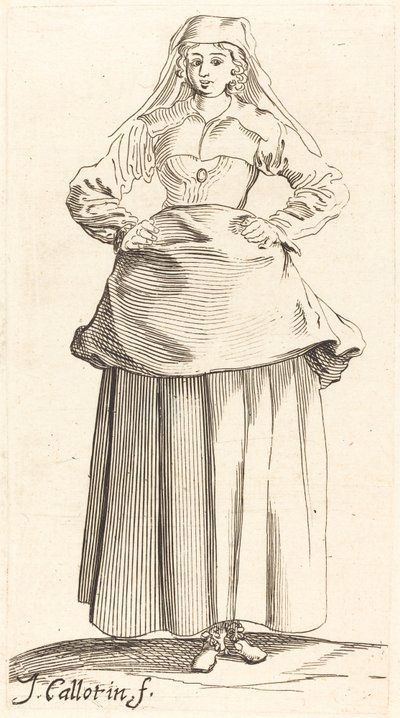 Mulher jovem com as mãos nos quadris, vista frontal de Israel Henriet after Jacques Callot