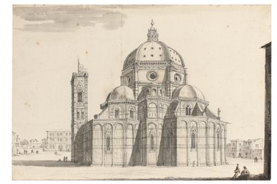 O Duomo e Campanile, Florença (giz preto, caneta e tinta cinza, lavagem marrom e cinza em papel com dispositivo de marca d&39;água) de Israel the Younger Silvestre