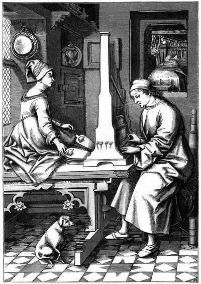 Músico alemão executando uma peça musical em um órgão portátil, século XV, 1870. de Israel van Mecken