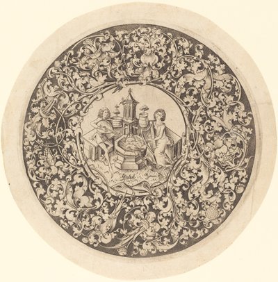 Ornamento circular com músicos tocando perto de um poço de Israhel van Meckenem