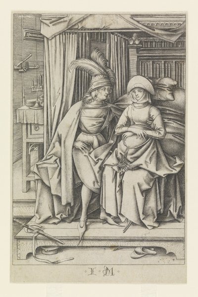 Casal sentado numa cama, de Cenas da vida quotidiana de Israhel van Meckenem