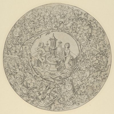 Jardim do amor, dentro de grande moldura circular ornamentada. de Israhel van Meckenem