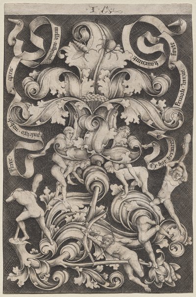 Ornamento vertical com oito homens nus de Israhel van Meckenem