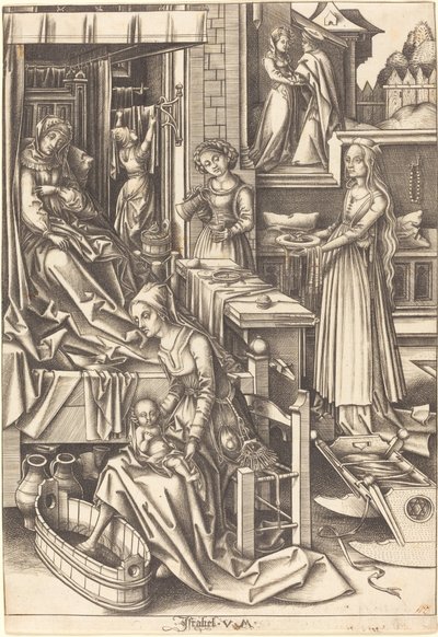 O Nascimento da Virgem de Israhel van Meckenem after Hans Holbein the Elder