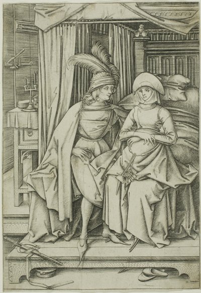 Um homem e uma mulher sentados numa cama de Israhel van Meckenem the younger