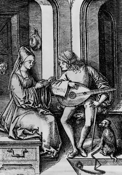 Uma mulher cantando enquanto um homem toca um alaúde (gravura) de Israhel van the younger Meckenem