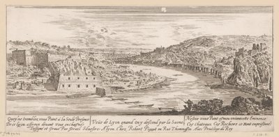 Vista de Lyon em uma curva do Saône Veue de Lyon quand on y descer par la Saone (título no objeto) de Israël Silvestre