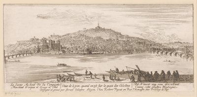 Vista de Lyon do banco perto do mosteiro celestino
Veue de Lyon quand on est sur les quais des Celestins (título sobre o objecto) de Israël Silvestre