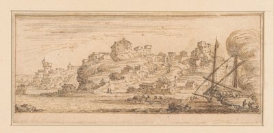 Vista costeira com um navio a ser remodelado do lado direito
Desenhos para uma série impressa com paisagens costeiras (título da série) de Israël Silvestre