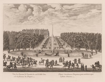 Vista do Château de Versailles, do lado do beco e da fonte do Dragão de Israël Silvestre