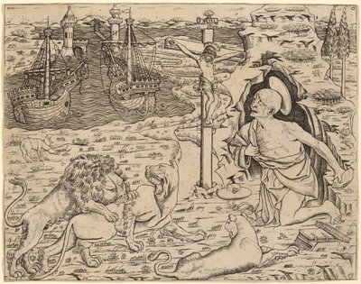São Jerônimo em penitência, com dois navios em um porto de Italian 15th Century