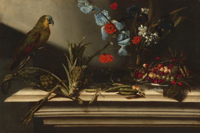 Natureza morta com alcachofras e um papagaio de Italian 17th Century