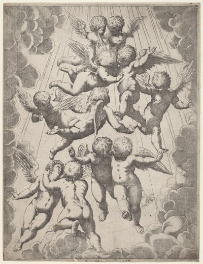 Um grupo de anjos na glória de Italian 17th Century, after Guido Reni, after Luca Cambiaso