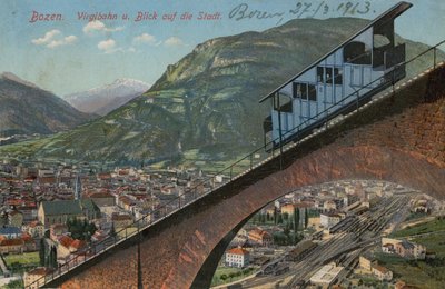 Bolzano - funicular e vista da cidade. Postal enviado em 1913. de Italian Photographer