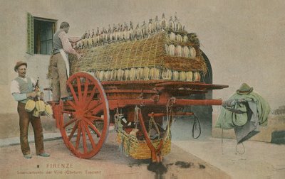 Carregando garrafas de vinho em um carrinho, Florença. Postal enviado em 1913. de Italian Photographer