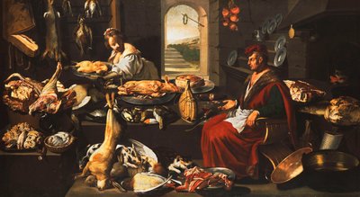 Uma cozinheira em uma cozinha bem abastecida com uma garçonete, de Italian School