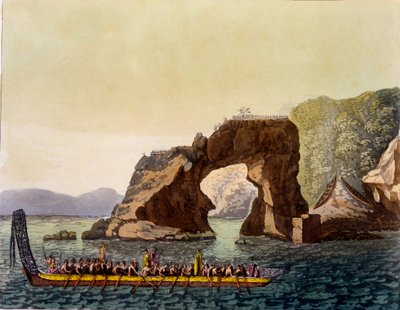 Um ponto de vista fortificado Maori na Nova Zelândia, combinado com Maori War Canoe, 1820s-30s (aquatinta colorida à mão) de Italian School