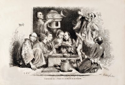 Um pequeno partido bebendo amor, da edição italiana de Tour du Monde, 1869 de Italian School