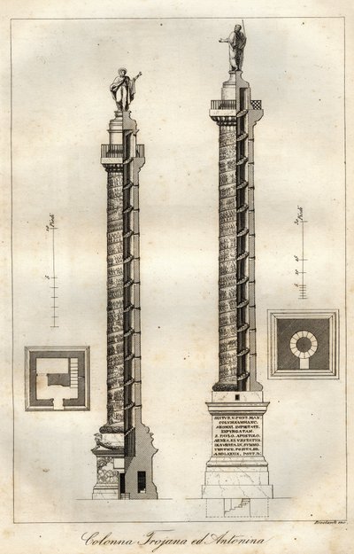 Um diagrama de secção transversal da Coluna de Trajano (Coluna Trajana) (113 d.C.) e da Coluna de Antoninus Pius (161 d.C.) em Roma - gravura de "Usi e Costumi di Tutti i Popoli dell
