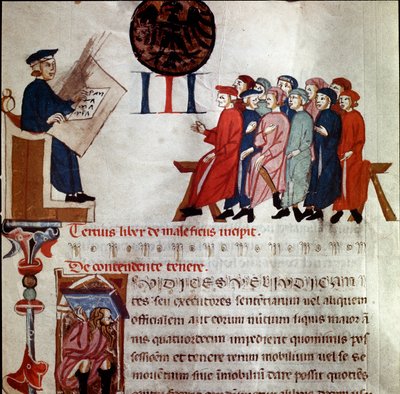 Um homem de poder a segurar o poder montado Detalhe. Miniatura extraída de "Breve Populi et Compagniarum Pisani Communis" (Estatutos da Cidade de Pisa) 1300-1308 Pisa archivio di stato de Italian School