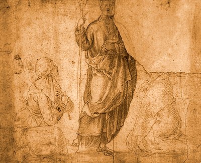 Uma santa com duas mulheres ajoelhadas (giz vermelho sobre papel) de Italian School
