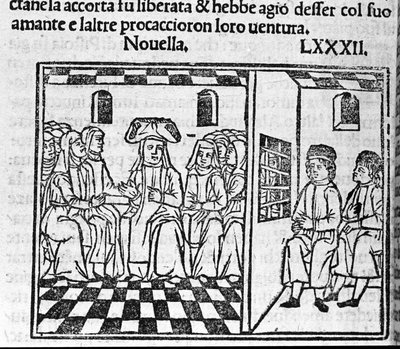 Uma história do amor de uma freira. Ilustração para a notícia 82 (Nova 2 do nono dia) do "Decameron" de Giovanni Boccaccio dit Jean Boccaccio (1313-1375), escritor italiano. Gravura em "Decamerone ouer Cento nouelle" Veneza, Bartolomeo de 