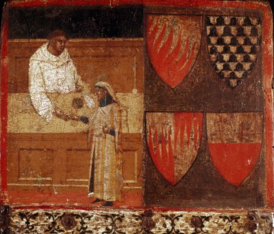 Um cobrador de impostos e um contribuinte Anônimo pintando em madeira decorando um Biccherna (capa do registro contábil da cidade de Siena) a partir de 1340. Arquivo Nacional - Museo delle Tavolette de Bicherna, Siena. de Italian School